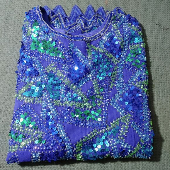 Vintage Styleworks Sequined Silk & Polyester Top Short Sleeve Blue & Green Women - Picture 5 of 10
